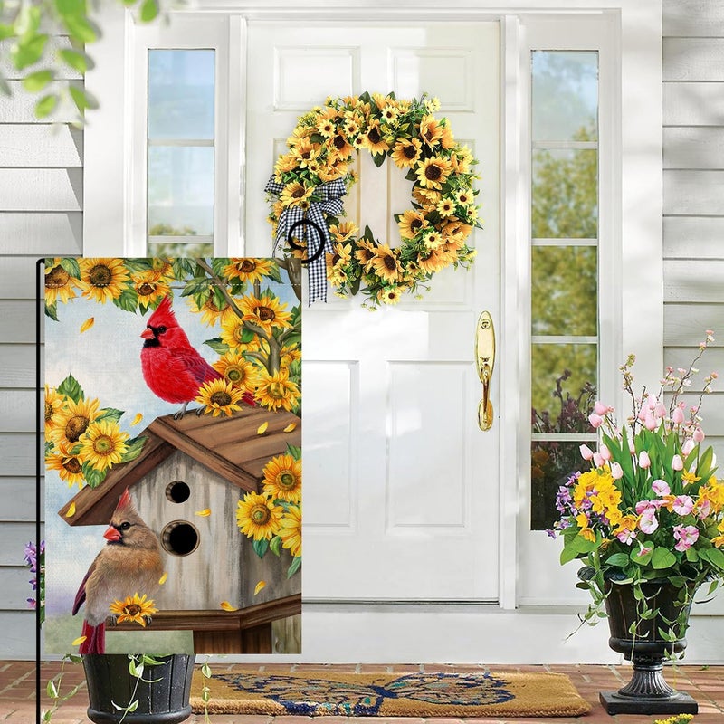 BLKWHT Summer Sunflowers Cardinal Bird Garden Flag 12x18 Vertical Double Sided Yellow Flowers Spring Farmhouse Holiday Outside Decorations Burlap Yard Flag BW815 - Image 1